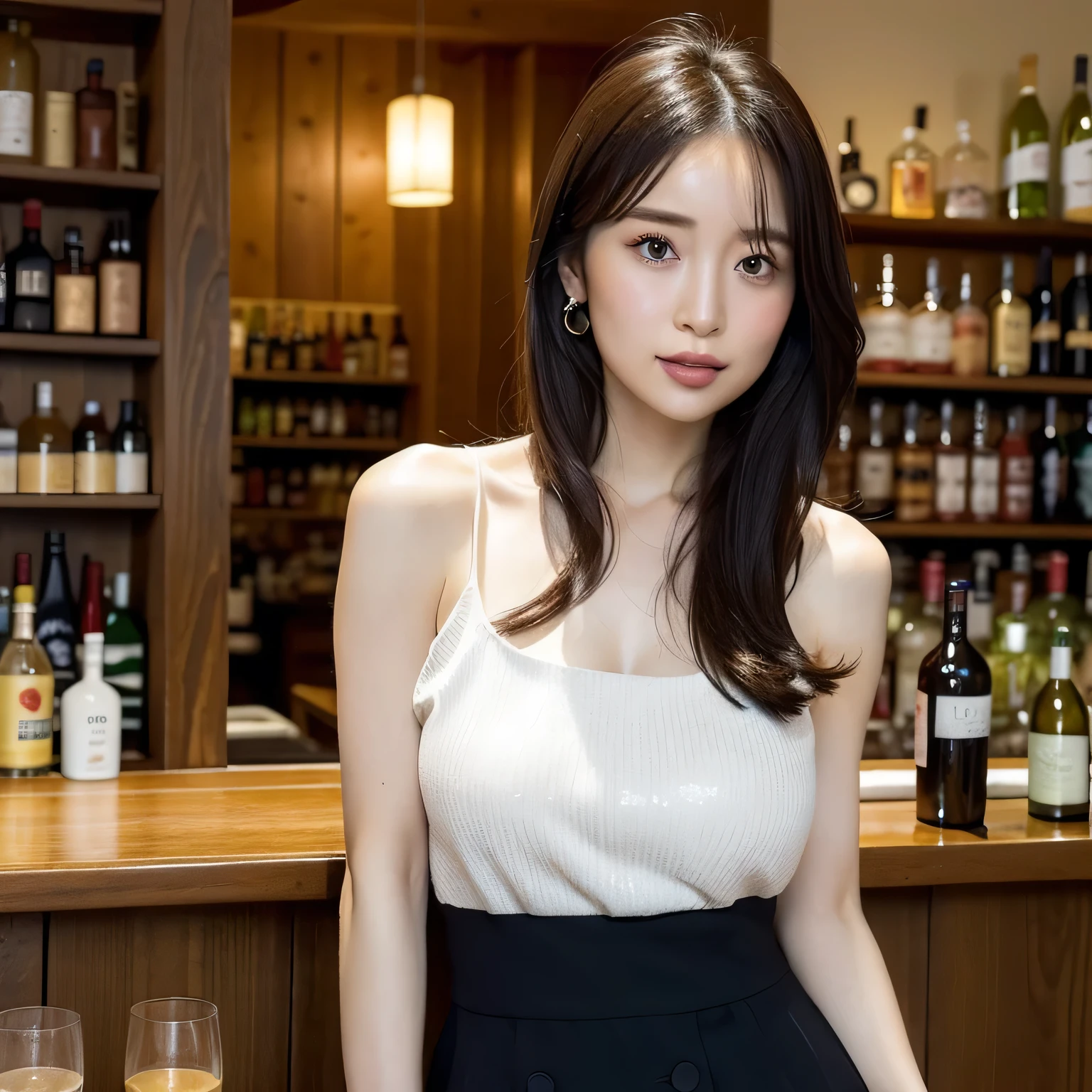 A 2D anime-style illustration. The scene is set inside a dimly lit, cozy Japanese "snack" bar. The lighting is soft and warm, with gentle shadows creating a relaxed, moody atmosphere. Bottles of liquor line the shelves behind the bar, and small round tables are scattered throughout the room. A young woman is standing near a table, wearing a stylish, slightly sexy dress commonly seen in such bars — like a fitted cocktail dress with soft fabrics and subtle glitter. She looks elegant and approachable. The focus is on the warm mood and ambient light. long hair, dark hair, dark eyes.