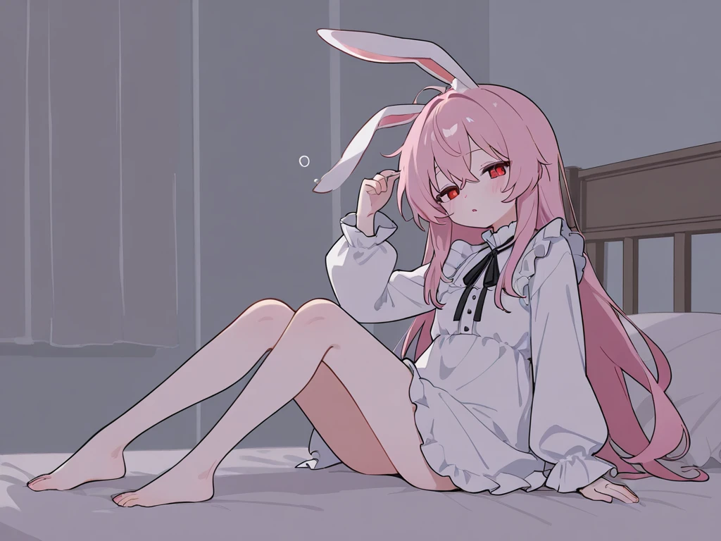 Hops has tan skin with dull red blushed cheeks and pink lipstick. Her eyes are brown and she has fuchsia hair worn in low braided pigtails and her bangs spread out from the left corner. She wears a white onesie with three red hearts on it, a red jacket with elbow-length sleeves and black detail, and white thigh length boots. On her head is a white headband with rabbit ears. SPARKLE; GLITTER