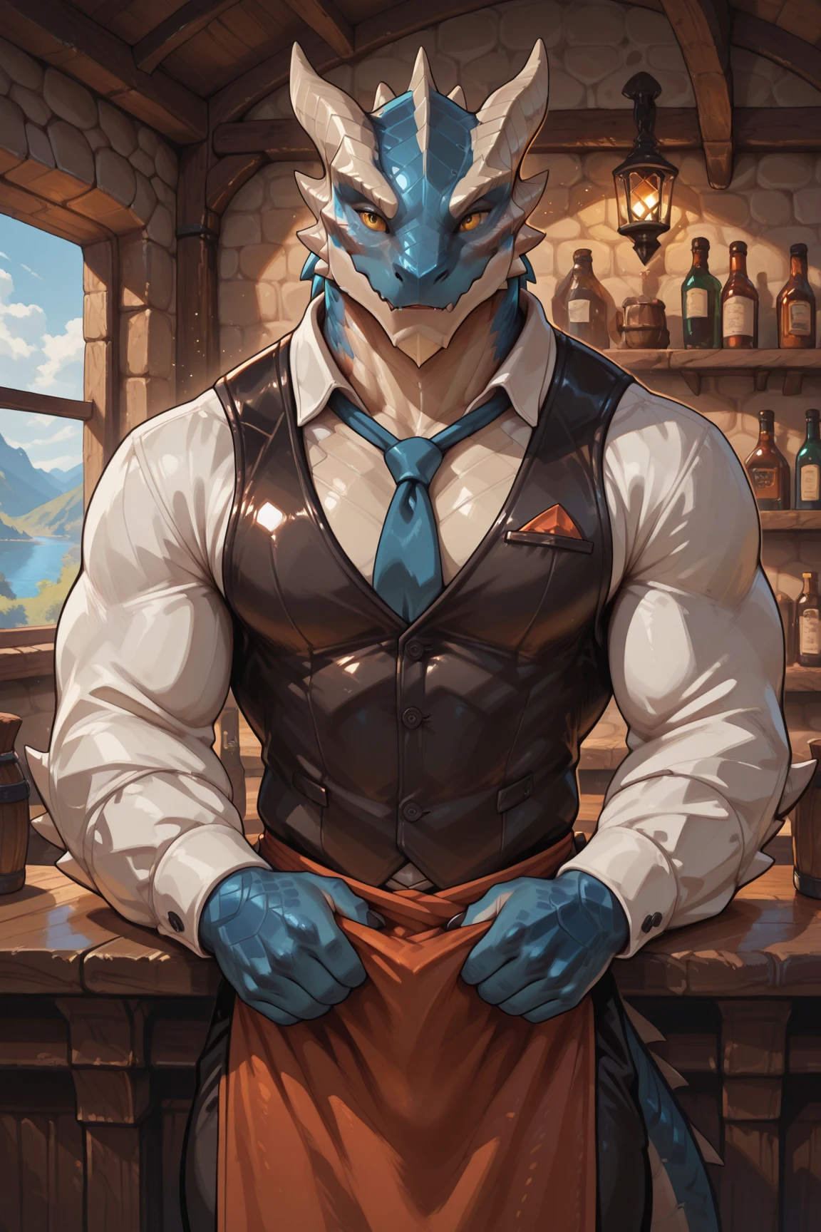 Young Lizardman、Black body、White belly、A toned, mechanical body、Two horns、Sparkling blue eyes、Friendly friend、Square glass in hand、A little alcohol、cyber punk、Dark Tavern、Inside the store、cool、smile、