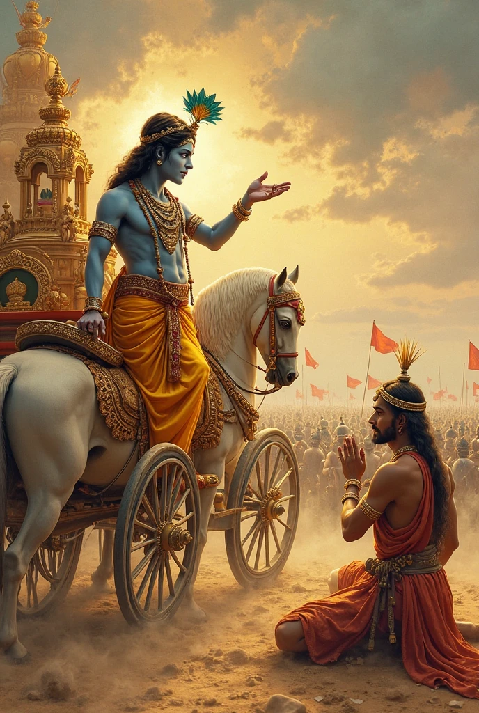Shree Krishna sitting on the chariot and arjua pray behind shree Krishna at kurukshetra 

