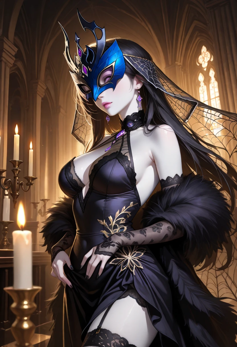 Black cat motif、Black and blue tones、Vibrant colors、((​masterpiece)))、(((top-quality)))、((ultra-detailliert))、(A hyper-realistic)、(highly detailed CGillustration）、Official art、Prague in the first half of the 20th century、Decadent、Madame Cat Black、Masquerade、Elegance、Masks that cover most of the face、Colorful and detailed mask design、bob cuts、matchless beauty、Fans、Female Solo、gorgeous dress、jewely、Perfect Angle、→ direction、perfect-composition、full body Esbian