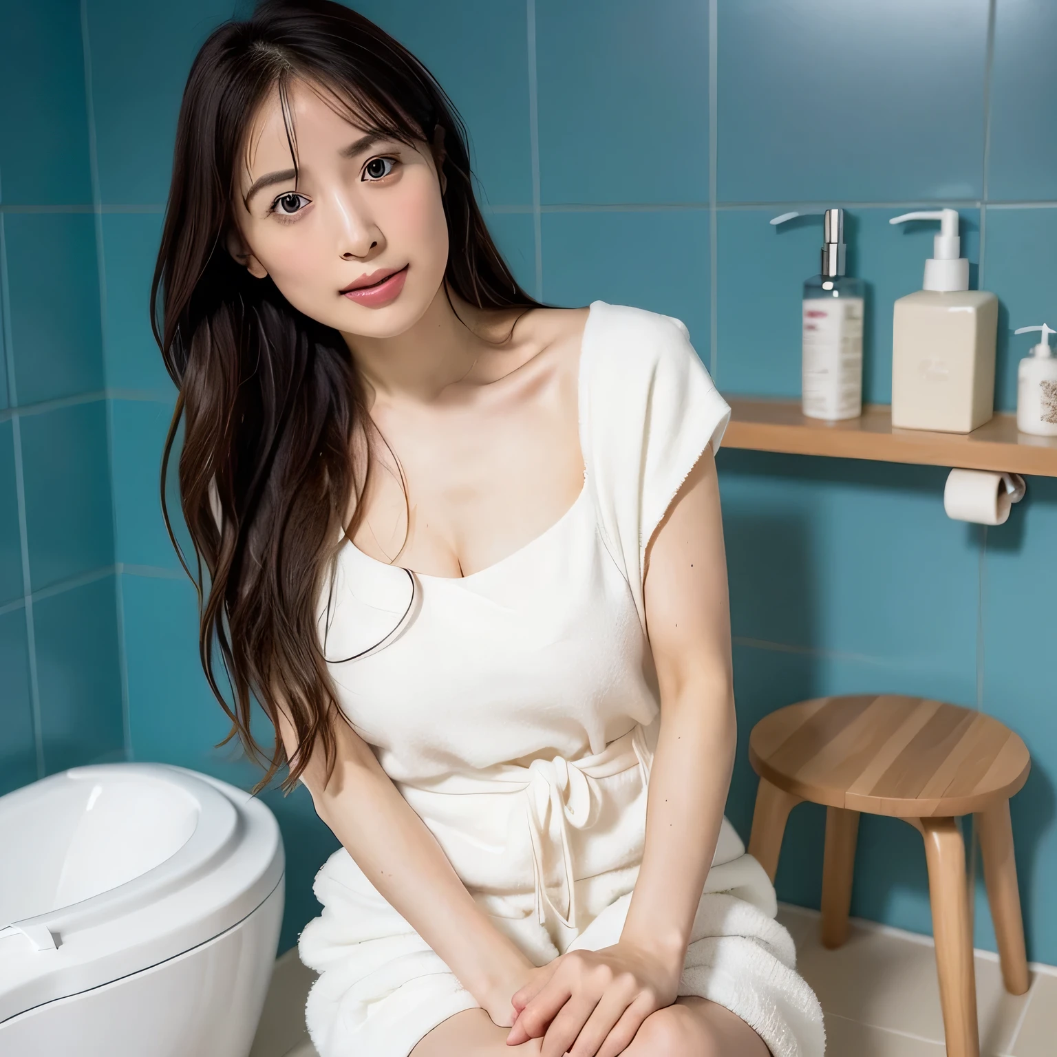 A beautiful woman in a A narrow, compact Japanese bathroom, with tiled walls, a small bathtub, and a wooden stool beside it. Steam fills the room., sitting in seiza style , politely waiting to greet someone.The character is wrapped in a towel around the body. long hair, dark hair, dark eyes.