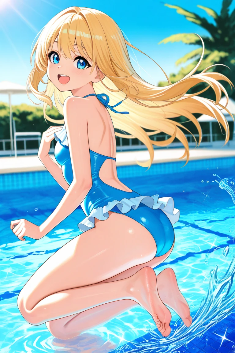 ((masterpiece)), ((best quality)), (ultra-detailed), ((kawaii)), cute, (lovely), illustration, anime style, 1girl, cute girl, solo, full body, full body focus, School poolside, outdoor, (beautiful eyes), beautiful straight hair, long hair, slim, slender, medium breast, (Dark blue school swimsuit), seductive smile, dynamic pose, (Innocence and frolicking:1.4), (light rays:1.3).