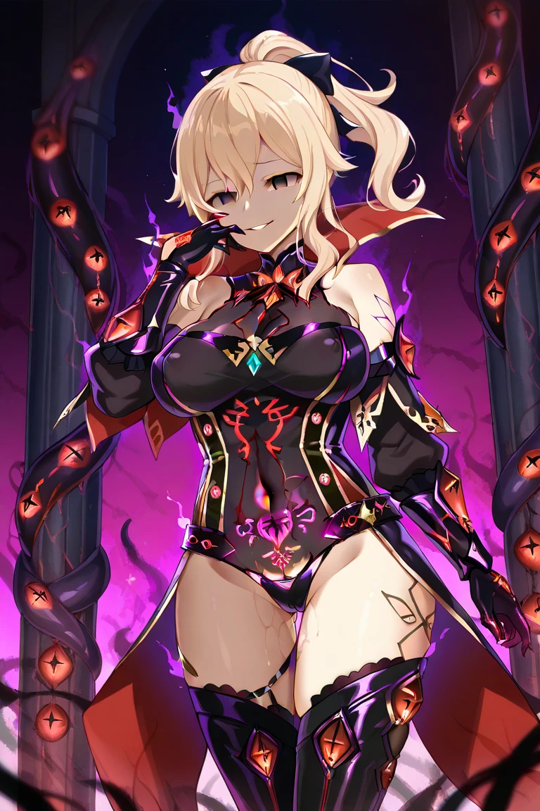 (zelda totk reimagined as a corrupted dark queen by ganon  )+++, sfw++,masterpiece, best quality, high quality, illustration, film grain,(perfect female )++, beautiful detailed eyes,  (symbol of evil:1.2),milf zelda, lascivious woman, (evil smile:1.1), (villain, dark heroine:1.2), (perfect female proportions:1.1), (seductive eyes:1.2), eyeliner, mascara, sexy makeup, (seductive smile:1.2), (mature woman:1.4),masterpiece, best quality, high quality, illustration, film grain, 1girl, (glowing evil red eyes), evil grin, crazy eyes, (high resolution, masterpiece, ultra best quality, insanely amazing hyper fine extremely detailed, official:1.4) dark heroine anime girl with short hair in a dark and evil place, extremely detailed artgerm, (official:1.4), dynamic composition, (solo girl:1.4), {sfw}, masterpiece, ultra-detailed, iconic attack, dominatrix, spiked collar, dark kingdom, bad end, 1girl, solo female, solo focus, mature female, standing, full body, looking at viewer, dark zelda totk, dark queen, evil, corruption, contrapposto, mind break, blond hair, (short hair:1,5), evil smile, lips, eyelashes, evil grin, dark aura, thigh_clothes, ,alternate costume, bdsm, (intricate details:1.12), (intricate details, hyperdetailed:1.15), hdr, dungeon, (at night:1.2), fireplace, warm light, dramatic light, cinematic,creepy dungeon, dark aesthetic, goth aesthetic, creepy, ominous background, dark atmosphere, death atmosphere, green and red atmosphere, evil dungeon background, gothique, faint darkness, ((red glow crotch tattoo)), 