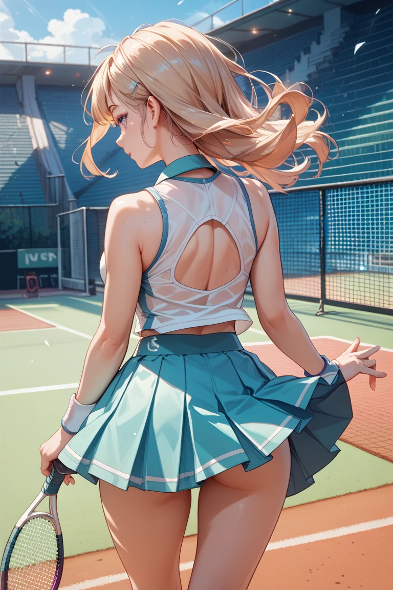 high quality,HD,16k,sharp lines,1 girl,Female tennis athlete ,cute face, large breasts, nice legs,At the tennis venue,focus girl,detailed beautiful face,detailed clothes,beautiful eyes,cool,dynamic angle