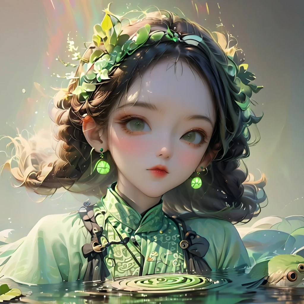 🦋Art photography, a 5-year-old girl from China, green butterfly,in a colorful fantasy realism style, realistic color palette, wink and you miss details, japanese style art, fluid and organic shapes, Light teal, light reflection