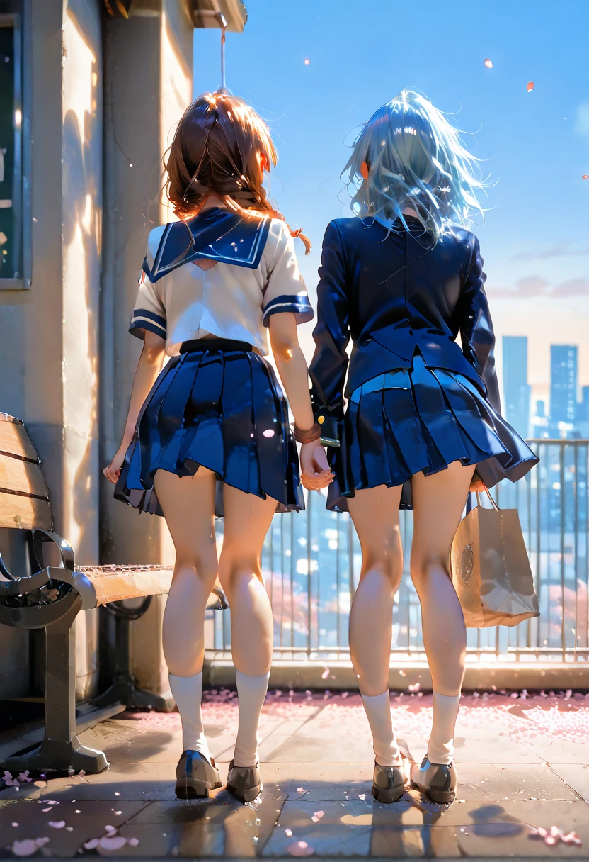 ((Highest quality)), ((masterpiece)), (High resolution), 8k, Best Shadow, The best natural light, Cinematic, (Two adult women climbing the stairs side by side), (Brown Hair, ponytail)、Looking back, bashful、Sailor collar、Fashionable white shirt、Sailor suit、Navy Pleated Skirt、(Navy blue socks)、((Rear view))、Angle from the rear, Navy blue socksにクローズアップ、Manga panel layout、Cartoon style、Manga Design、peaceful cityscape, Station stairs、On the way to school, (The wind is blowing up from the ground, flipping up her skirt and revealing her panties:1.4), (Stylish light blue satin panties:1.4), Slender body,Beautiful thighs, Embarrassed look, Iori, Perfect lighting, Perfect Shadow, Exact number of arms, Exact number of legs, Perfect ???????, Exact finger count、Exact number of legs、(Exact number of arms:1.0, Exact number of hands:1.0), (Perfect hands, Perfect ???????)