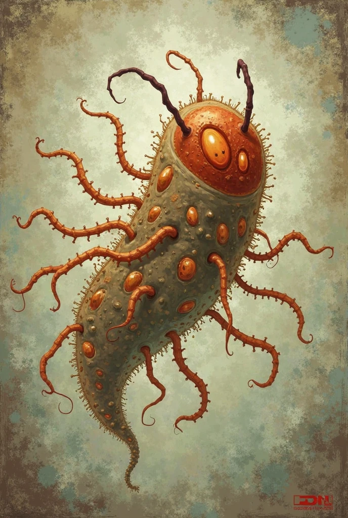 Draw a bacteria with an institutional style, as if a student did it with physical colors, discolored matices, etc