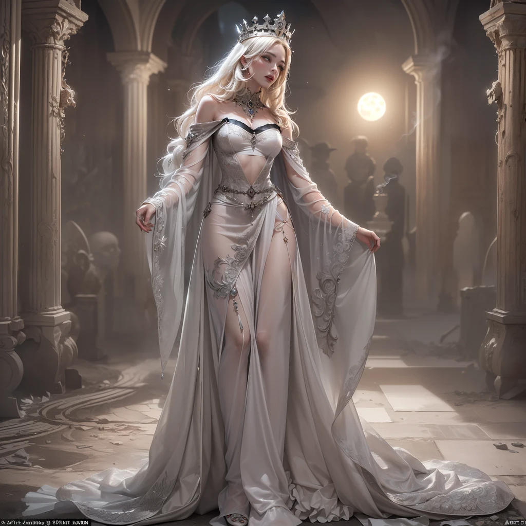 feminine. Demon. White hair. black eyes. Belly-free. Decollete. Standing in front of an altar, herabblickend. Down up Perspektive.