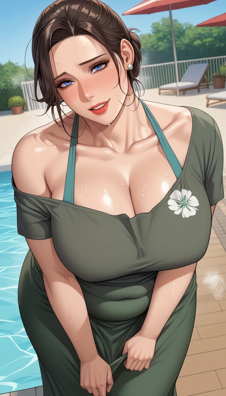 Highest quality, Official Art, masterpiece, Fabric Shading, High resolution, Very detailed, colorful, Best details, (Adult,30 years old, Mature Woman, conversion:1.5, Female dog, Long Hair, Brown Hair, Tired Hair, Green swimsuit:1.5, Center of chest, Puffy nipples:1.3, skinny:1.5, Camel Toe:1.5, Public indecency:1.5, Beach:1.5, derogatory, people々Surrounded by:1.5 ,I slicked my hair back....Listen to me,listen don't,