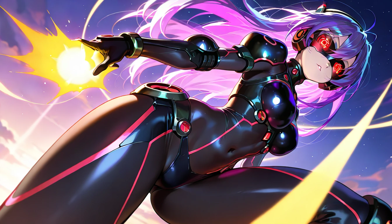 (Anime works, Anime Style, Studio Anime, Very detailed, Latest, Vibrant, Anime Coloring, High Contrast, masterpiece:1.2, Highest quality, Best aesthetics), (1 Girl),  ((Cyber Headset, Mechanical bodysuit:1.2, Cyberware:1.1)), Color Connection, Colored, Vibrant color scheme, colorful, Spot colors, (Big Tits 1.2), bent, (Captivating woman), (Grin:1.2),  (Futuristic Background), (((chromatic aberration, Abstract, colorfulな背景))),