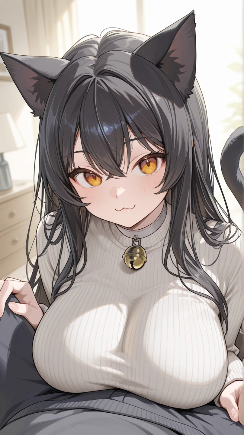 ((highest quality)),(ultra high resolution),(Super detailed),(detailed description),((best CG)),(best work of art),super precision art,great drawing art,(Art with precise details:1.5), (1 woman:1.5),beautiful and well-shaped face:1.5,(A sweater with a cat-shaped chest cutout:1.5)