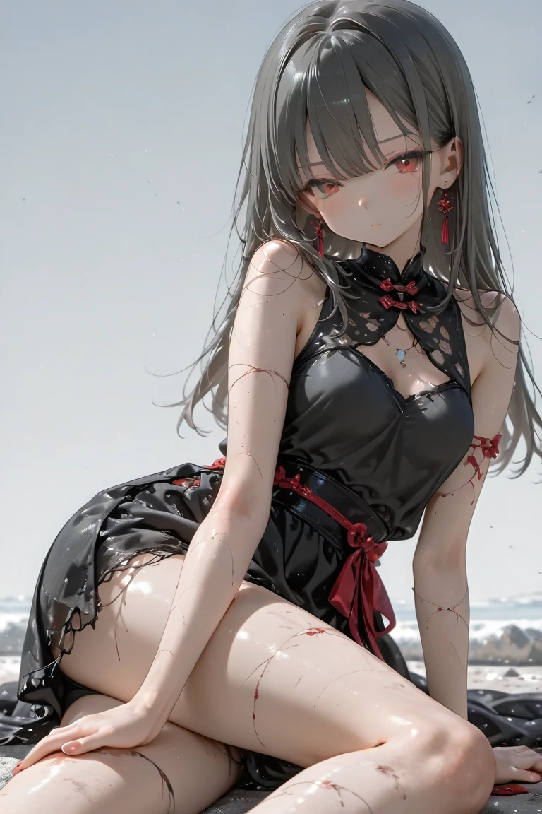 (masterpiece, best quality:1.2), <lora:ba_tsurugi-10:0.8>, full body, solo, 1girl, tsurugi \(blue archive\), smile, closed mouth, looking at viewer, wariza, halo, black bikini, black wings, beach