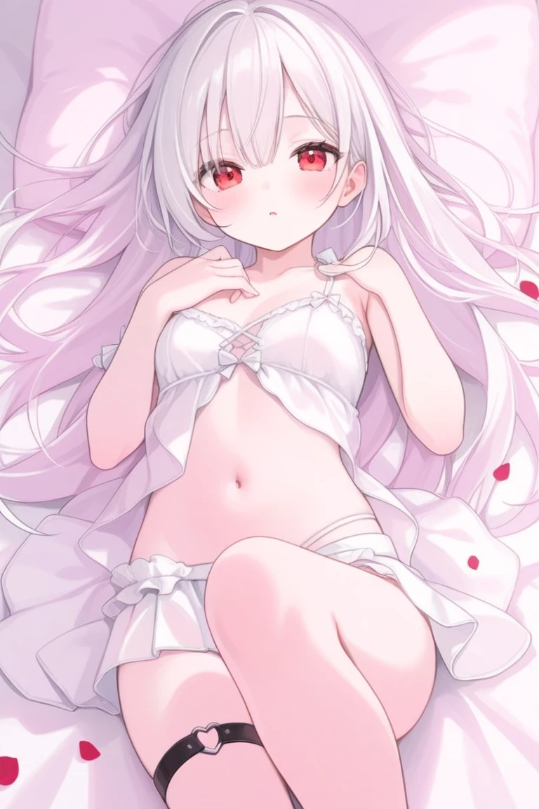 (Highest quality), (High resolution), (masterpiece), (Very detailed), Shiro \(no game No life\),Long Hair,Multicolored Hair,Hair between the eyes,Gradient Hair,Flat Chest,, Blue Archive Art Style, One Girl, Silky skin, Shiny skin, blush, desire, Heart pupil, Heavy breathing,(Revealing underwear), Front view, (Dark Saturation), Love juice drips, Underwear is see-through, In bed at night, Dark Room, Sexy pose, To seduce, Delighted, Lying down, Show the whole body, Japanese Dialogue