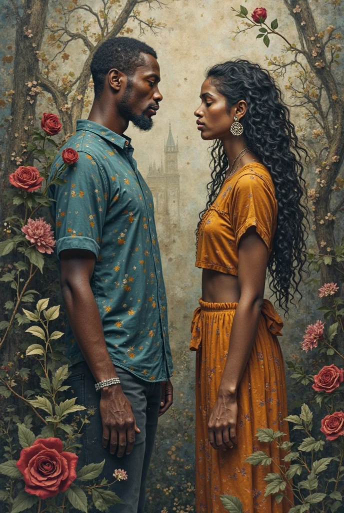 Je veux que tu me fasses une couverture pour un roman Fantasy romance, ces deux personnages sont noirs de peau, dark skin, ils sont des ennemis, ils veulent s'entretuer, surtout lui, elle, she mainly defends herself but her goal is to save him at all costs too. Le garçon est dark skin, with curly mid-length hair, the girl has long curly hair. They are very beautiful.