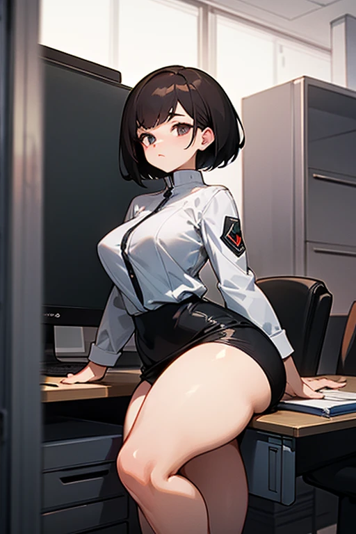 ID card,Office,desk,bob,black jacket,White shirt,cleavage,all fours,job recruit suit:1.5,ahega,sexual climax:1.5, pencil skirt,high heel