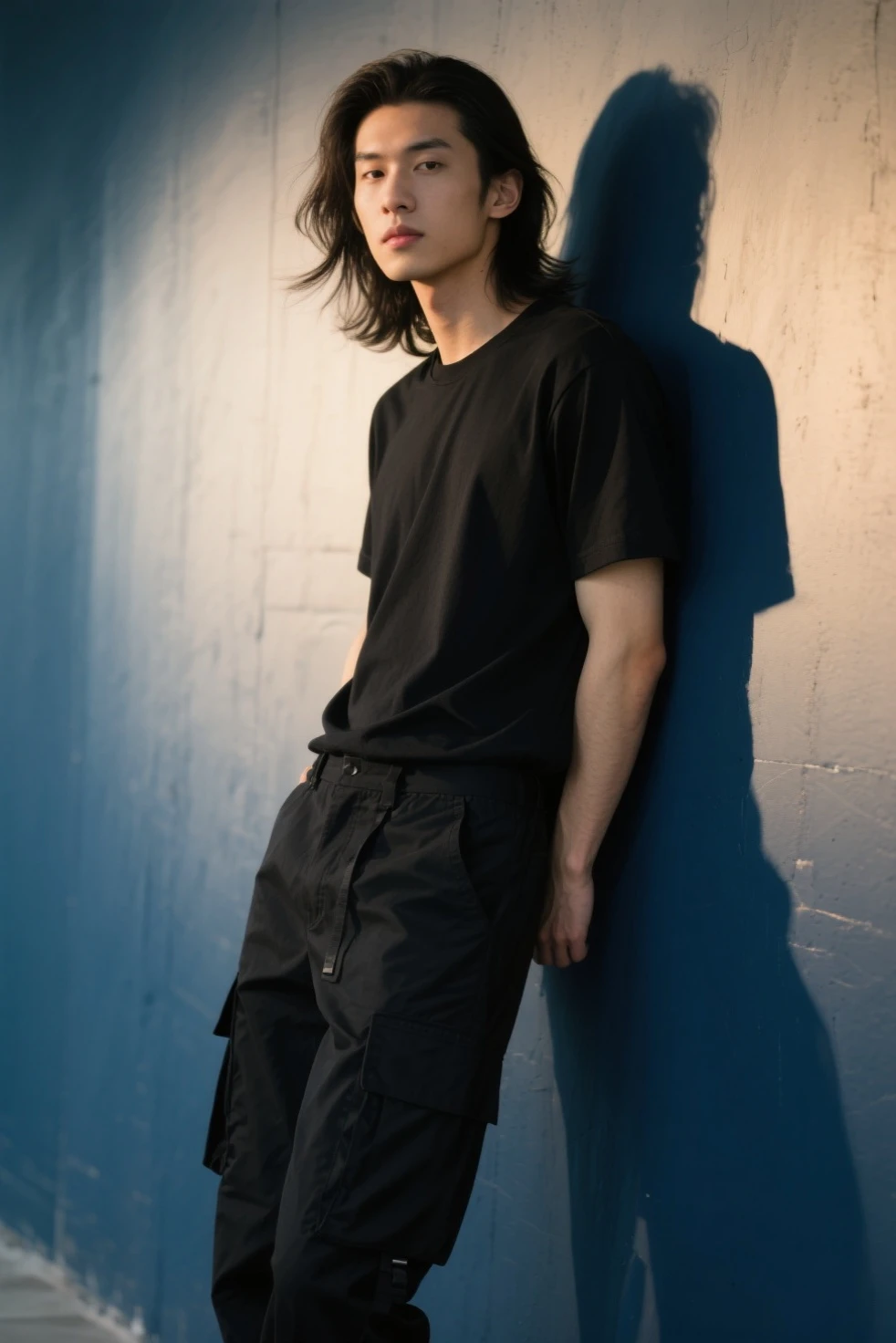 Boy, black hair, black eyes, blue high-neck blouse, white Men's shorts .