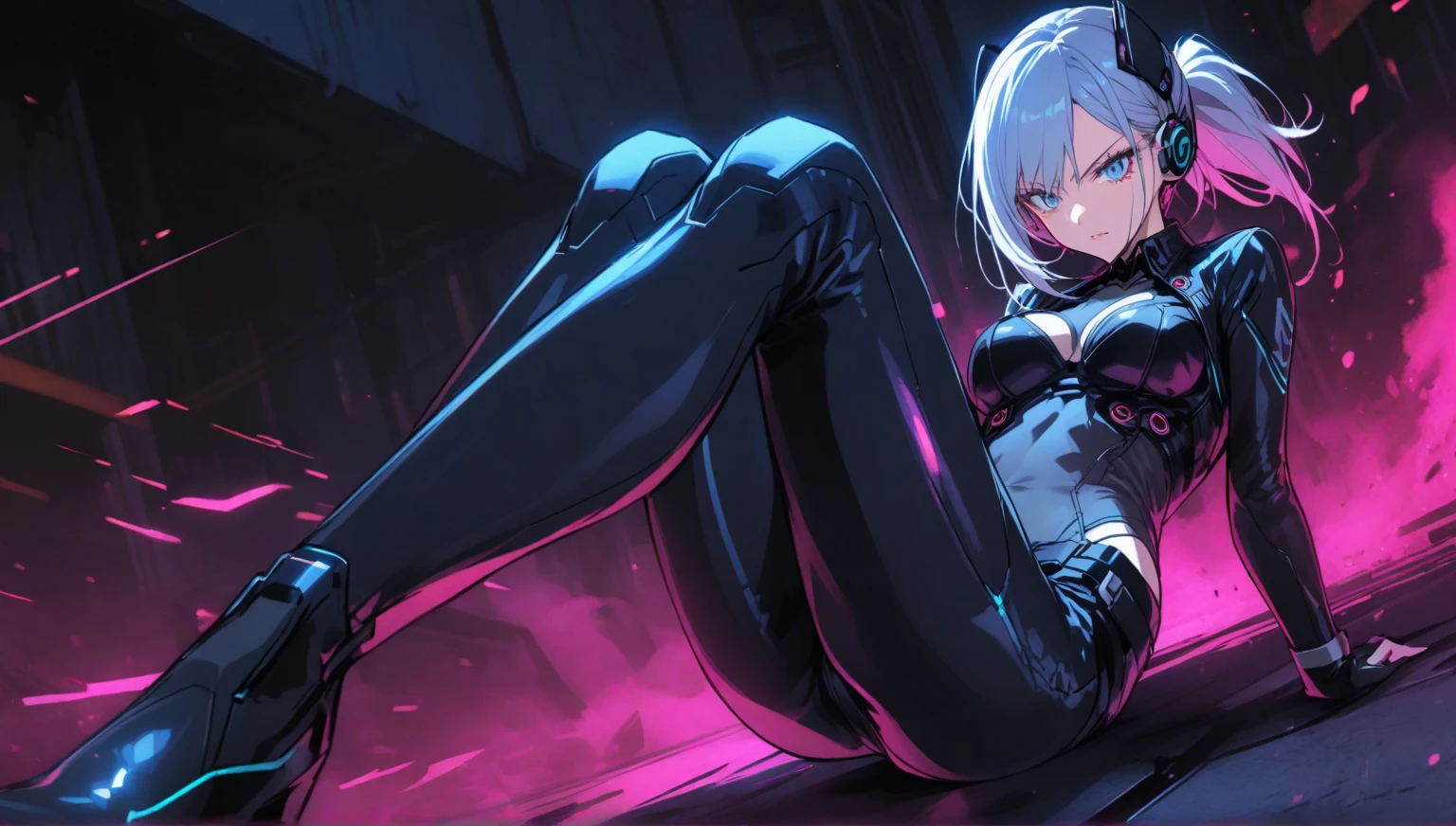Cyberpunk Edgerunners, 1girl, Lucy \(Cyberpunk\), nackte Schultern, blaue Augen, huge powerful breasts, Trikot, Blick auf den Betrachter, seios enormes, schulterfreie Jacke, schulterfrei, roter Eyeliner, kurze Haare, sleeveless turtleneck, Solo, Rollkragenpullover Trikot, white hair, ((Meisterwerk)), (((sitzend))), (raucht Zigarette), entspannt
