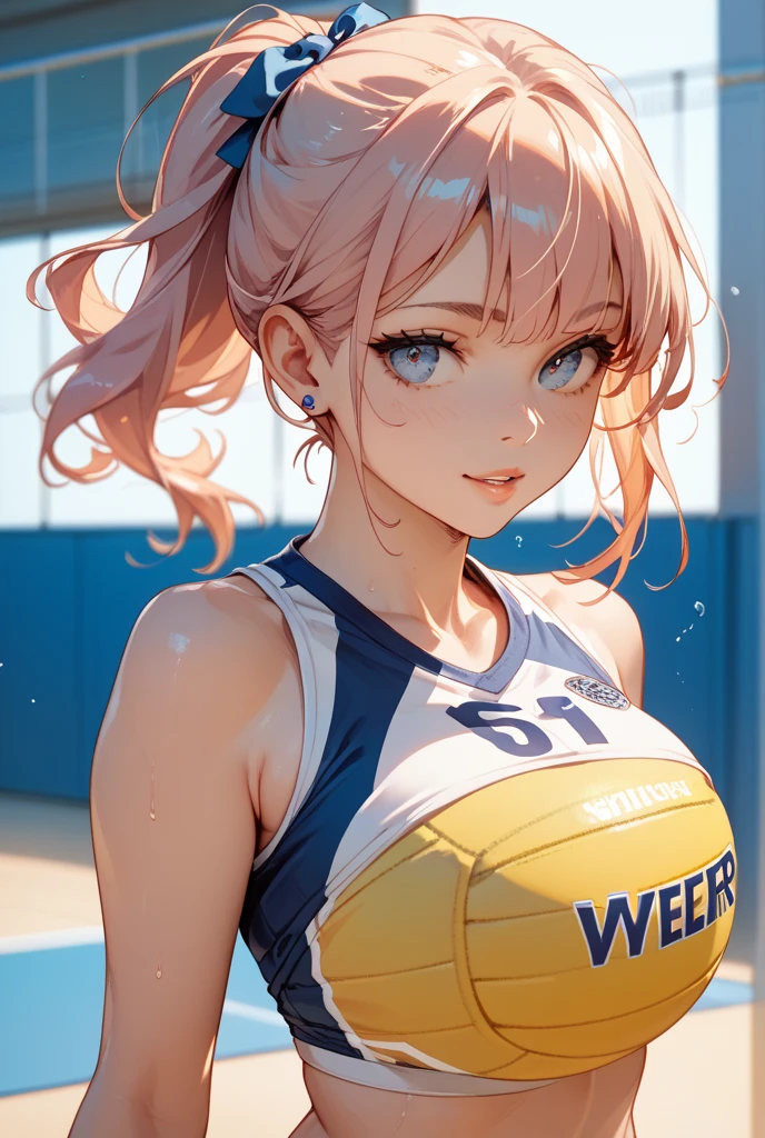 (masterpiece:1.3, top-quality, ultra high resolution, ultra detailed), (realistic, photorealistic:1.4), beautiful illustration, perfect lighting, natural lighting, depth of fields, nsfw,
beautiful detailed hair, beautiful detailed face, beautiful detailed eyes, beautiful clavicle, beautiful body, beautiful chest, beautiful thigh, beautiful legs, beautiful hands, white skin, shiny skin,
looking at viewer, 1 girl, high school girl, volleyball player, (perfect anatomy, anatomically correct, super detailed skin), cute and symmetrical face, babyface, perfect face, perfect eyes,
(short hair:1.4, side ponytail:1.5, ash blonde hair), asymmetrical bangs, gold eyes, long eye lasher, (large breasts:0.6, seductive thighs), bare arms, bottomless, slender, outstanding style,
((detailed cloth texture, (sleeveless volleyball uniform), (highleg buruma), (crop top:1.1), buruma, buruma, ), ), cameltoe, crotch, (nipple hardening, cleavage:1.2),
(beautiful scenery), evening, ((volleyball gymnasium, volleyball cort)), (sexy pose), (seductive smile, upper eyes, parted lips, sweaty),