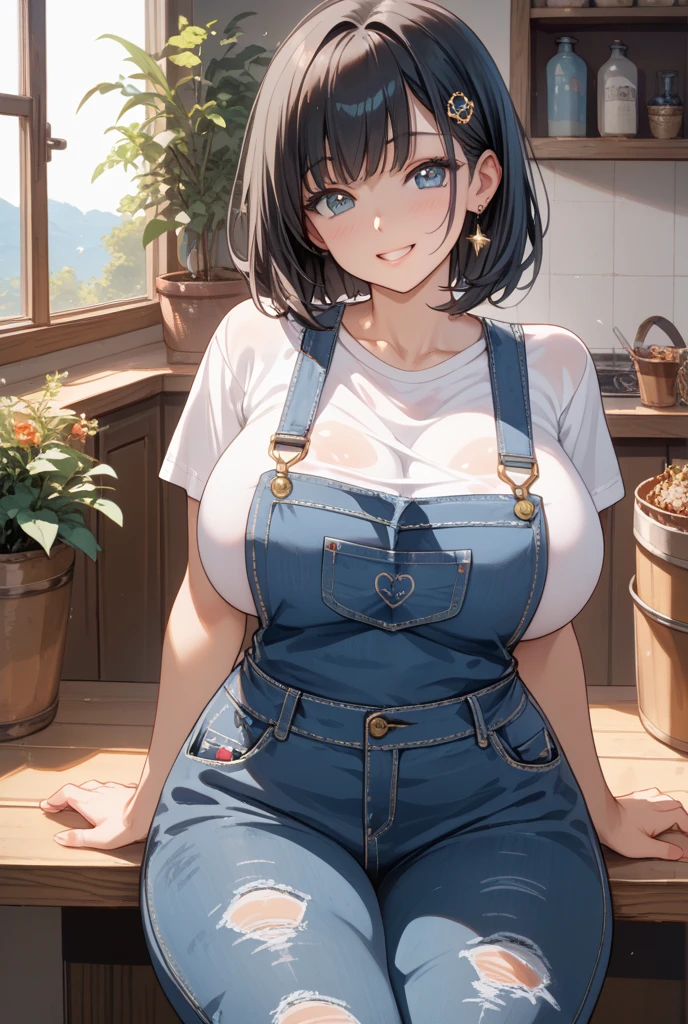 (Masterpiece、Highest quality、Very detailed、4K)、One Woman、17 years old、Big Breasts、Thighs、Butt、Overalls only、stand