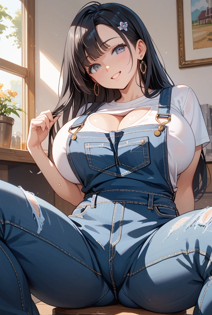 20 years old,1 girl, extremely thick thighs, hyperrealistic, 8k, (extremely detailed 8k), (very delicate and beautiful), (masterpiece), (better quality:1.0), (ultra high resolution:1.0), (masterpiece, best quality), cute,black hair,big breasts,ponytail,POV,overalls,full body