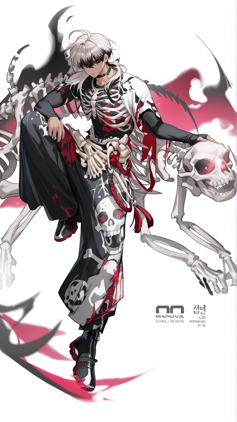 Boy, white hair, long straight hair, red eyes, wild smile, sharp teeth, pointed ears, fair skin, long black coat, white shirt, red pants, white sneakers, red tribal tattoos on arms, red facial tattoo, high quality, 4K, anatomically correct

