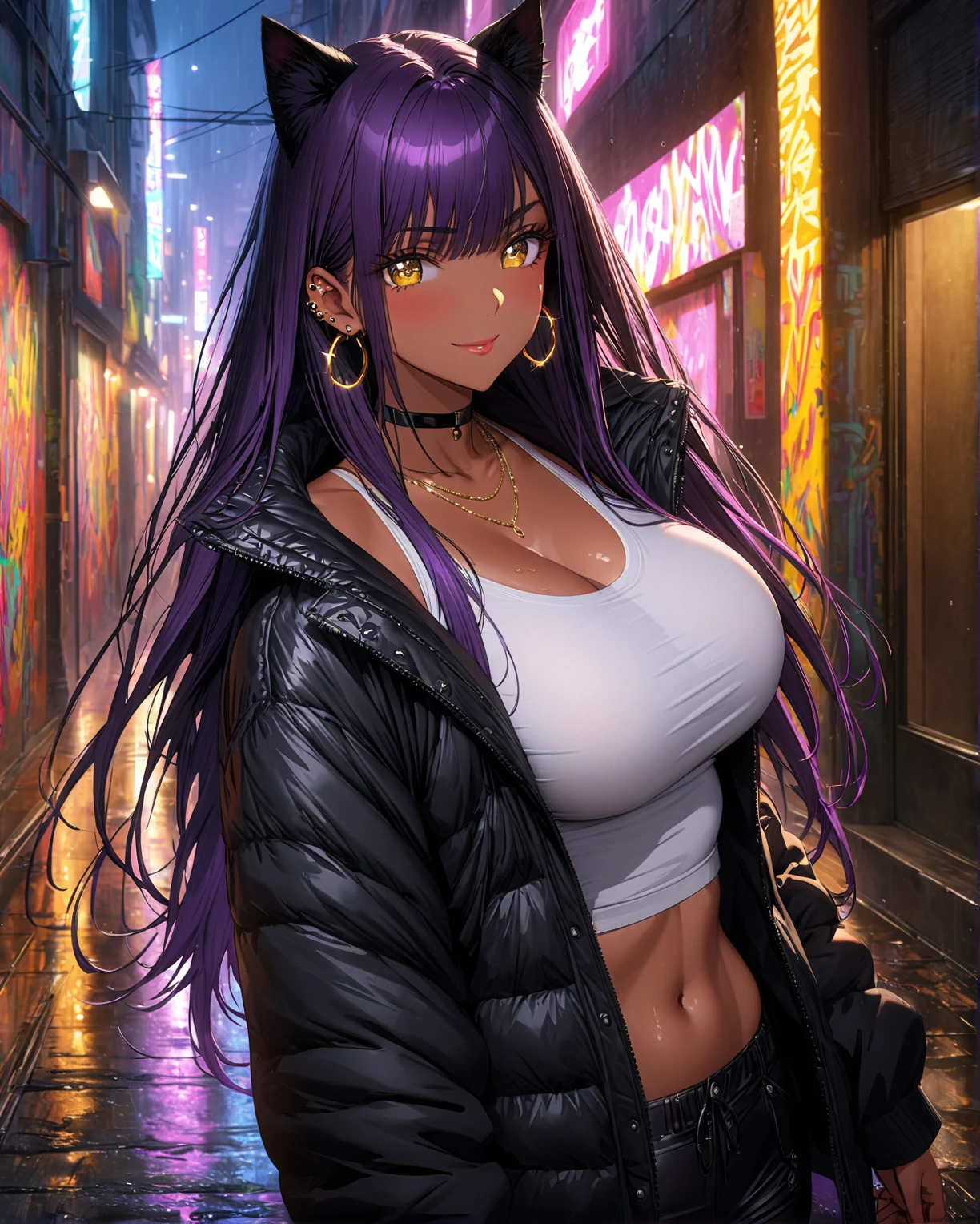 (masterpiece:1.37), best quality, (extremely detailed:1.37), woman, (very long hair:1.5), dark purple hair, purple eyes, (extremely detailed eyes:1.37), wetting self, large breasts, stylish jacket, jeans, (open fly:1.5), cleavage, navel, city, high-tech, street