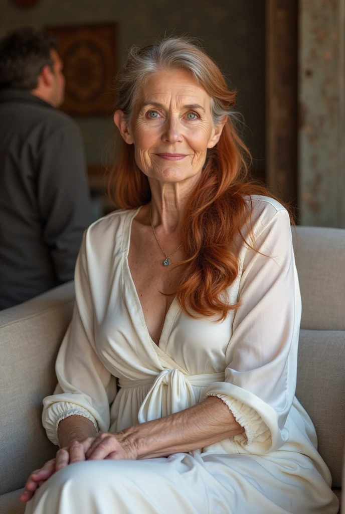 super realistic image, high quality uhd 8K, of 78 year old girl, detailed realistic ((slim body, high detailed)), (tall model), redhead, long ginger hair, high detailed realistic skin, (((white top))) (((face portrait))), real vivid colors, standing