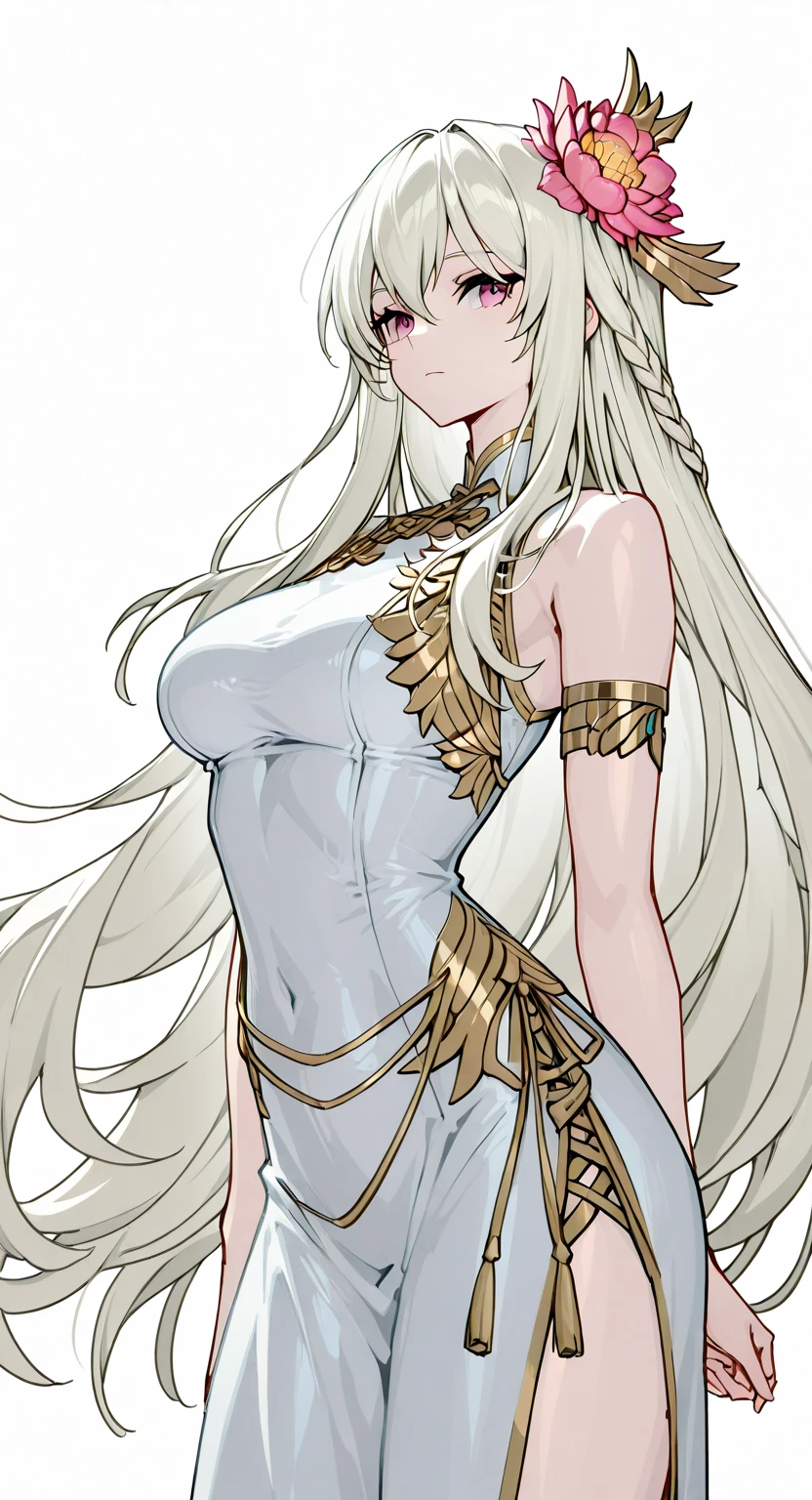 (masterpiece, best quality), 1girl, mature female, breasts, long white hair, white clothes, bare shoulder, ancient mesoamerica clothes, green eyes, light smile, tall figure, hair ornament, necklace, jewelry, divine, godlike, goddess, immortal, cowboy shot, detailed background, heaven palace, outdoor, godrays, sunbeams,