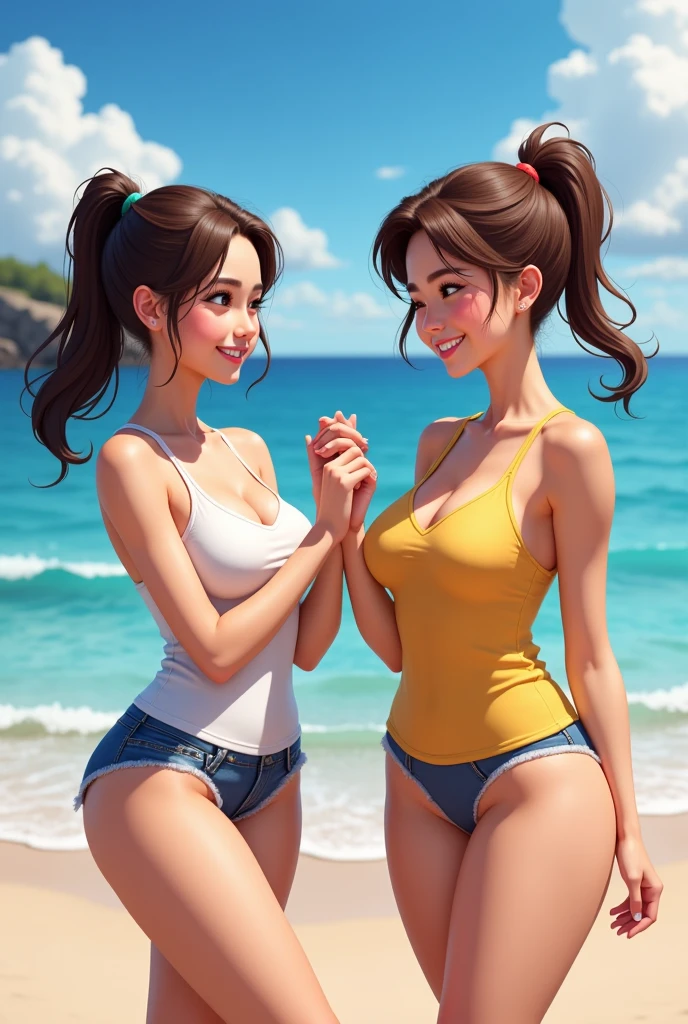sexy and wonderful woman on the beach and brunette with yellow eyes hair with a ponytail and beautiful and perfect wearing short clothes that mark her body in a sensual way with feet and thighs and breasts and wonderful ass 