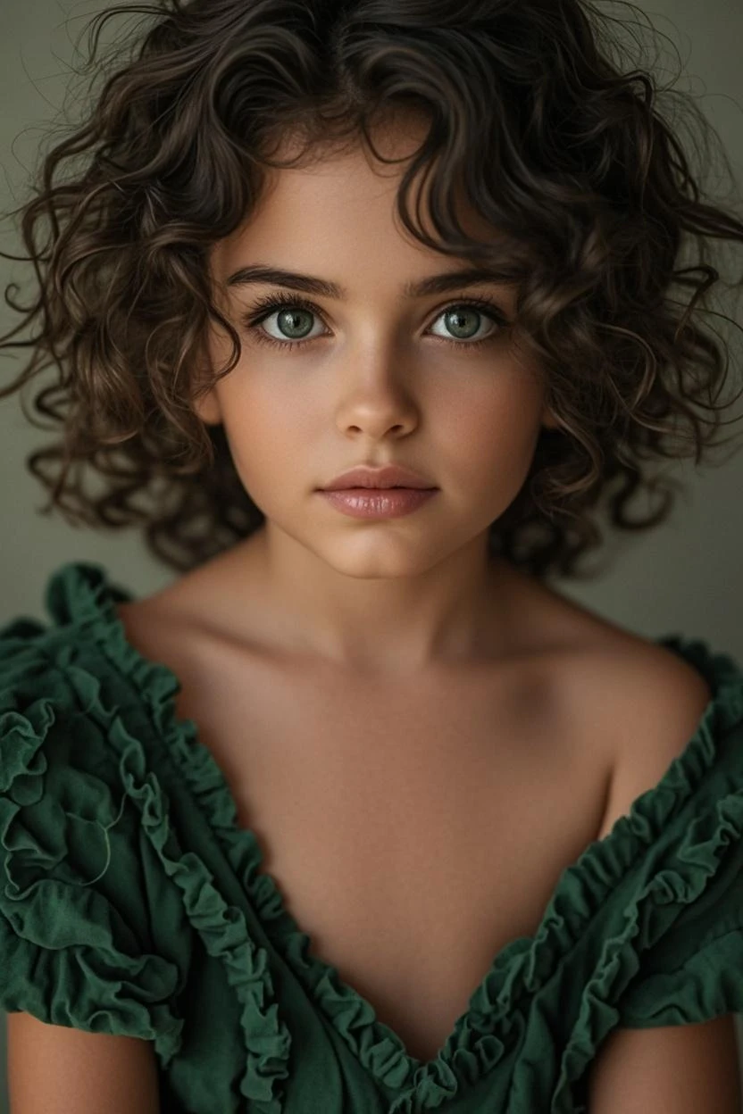 create a cartoon image of a 12 year old green eyed smart girl with curly brown hair and a few freckles she has abook in her hand