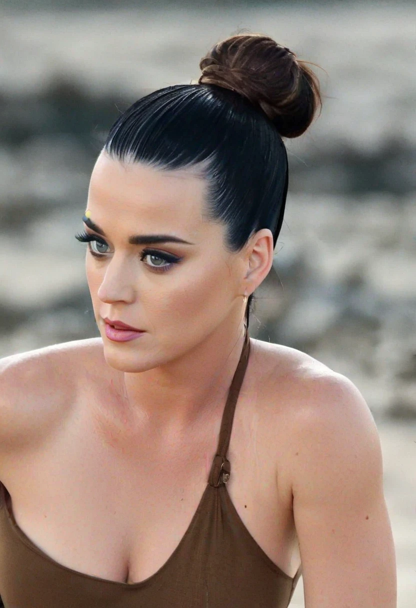 (high quality Erotic celebrity photograph ) (KatyPerry, , tired look, exhausted , on a vacation beach , pale white skin tone ,(katy perry woman, long brown hair, long brown hair pulled back, hair bun, shiny breast , green color glowing bra , hanging big boobs) photorealistic ) , vacation side ,celebrity erotic photograph , oily skin , fit muscular figure , shiny sweaty skin , celebrity, female, woman, hollywood actress, fleshy muscular woman , ( perfect anatomy ,natural lights, depth of field, insanely detailed skin texture, hyper detailed features, hyper photorealistic texture )