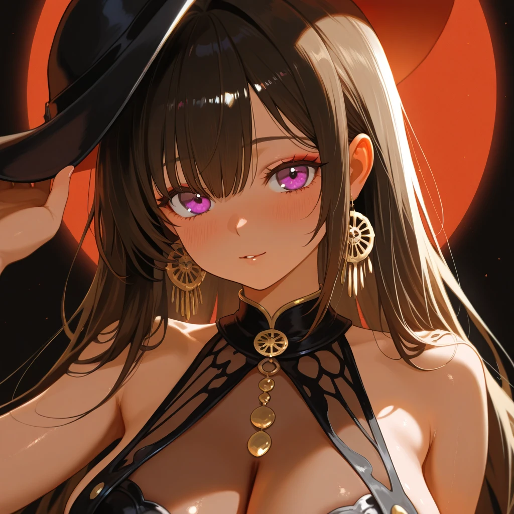 beautiful and seductive one girl being flirty and wearing witch clothes but the clothes is very revealing and seductive and the art style is anime but not too revealing