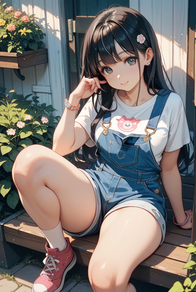 (masterpiece、highest quality、highest quality、Official Art、Beautiful and beautiful:1.2)、(One girl:1.3)Hatsune Miku、Twin tails,Big Breasts,masterpiece,highest quality, 1 girl,alone,Urarakaharu,Work clothes,Overalls Shorts,Flower-shaped pupil,change,Pink Shirt,Have ice cream,(ponytail:0.6),smile,Open your mouth,cloudy,