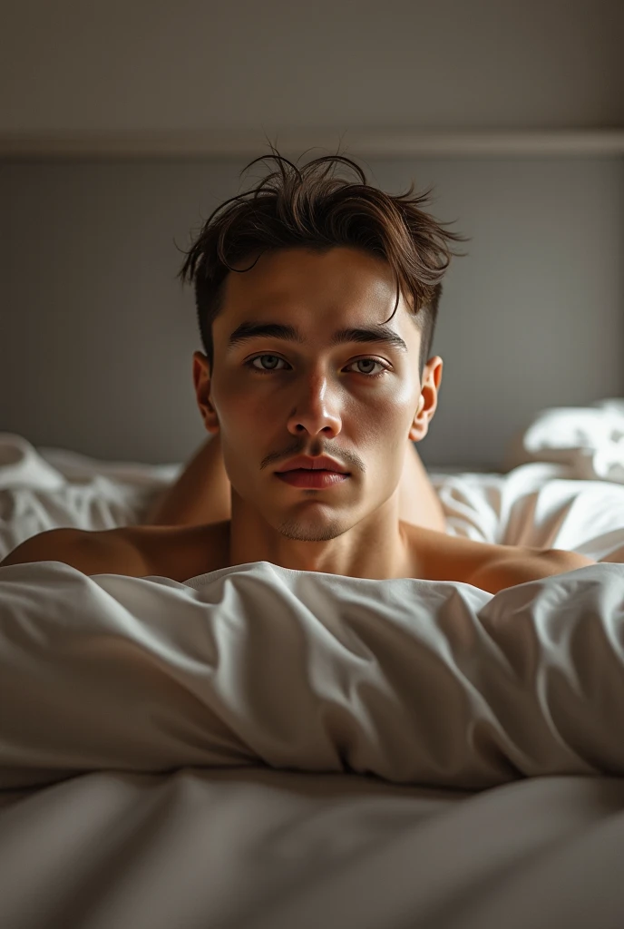 A muscular teenage man in bed with a hard cock