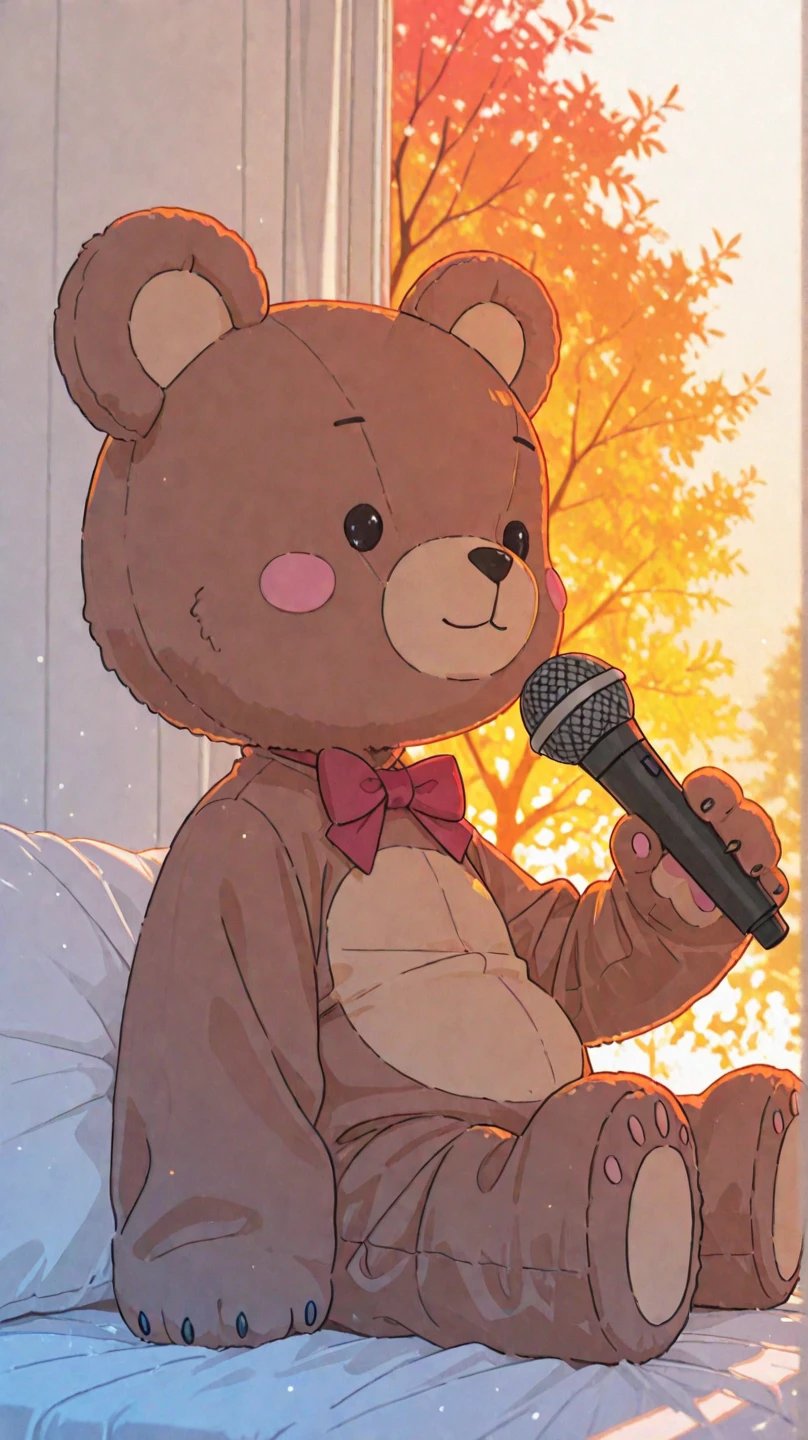 boy, bear, furry, bodyfur, blazer, bottomless, yellow tights, gloves, boots, chibi, happy, sparkling eyes, from behind, standing, against wall, facing away, outstretched hand, looking back