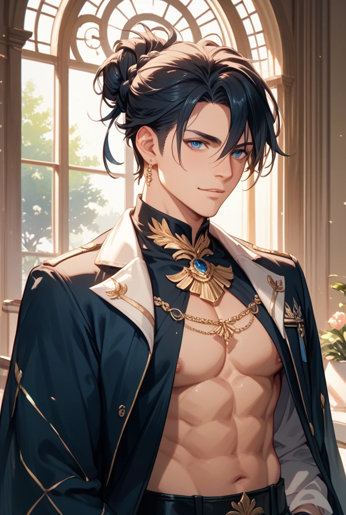 1 Boy, Real and Highly Detailed Face, Super Detailed, (Wide Shoulders), (((Golden Ratio)), ((Handsome)), ((Ensemble Stars!)), Otome Game, Prince, Anime Illustration, Complex, Cowboy Shot, Detailed Eyes, Bangs, Short Hair, Beautiful Eyes Like Jewels, NSFW, Muscles, Abs, Beautiful Skin, Shiny Skin, Open Shirt, School Uniform, Classroom in Background, Sweat, Soft Lighting, 8K, Anatomically correct, a masterpiece