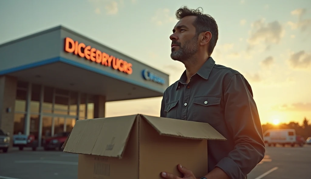 A man in a delivery van, holding a box in hand and wearing a distinctive purple t-shirt, is captured in an 8k photograph. In the background, a highly detailed and cinematic cityscape unfolds, with buildings and structures rendered in exceptional quality. The natural light adds depth and dimension to the scene, creating a realistic and immersive atmosphere. The man's focused expression and the clear, sharp lines of the image convey a sense of urgency and professionalism. This vivid and intricately detailed tableau is a testament to the power of photography to capture the world around us in all its complexity. (delivery man, purple shirt, holding a box, 8k photograph, cityscape, natural