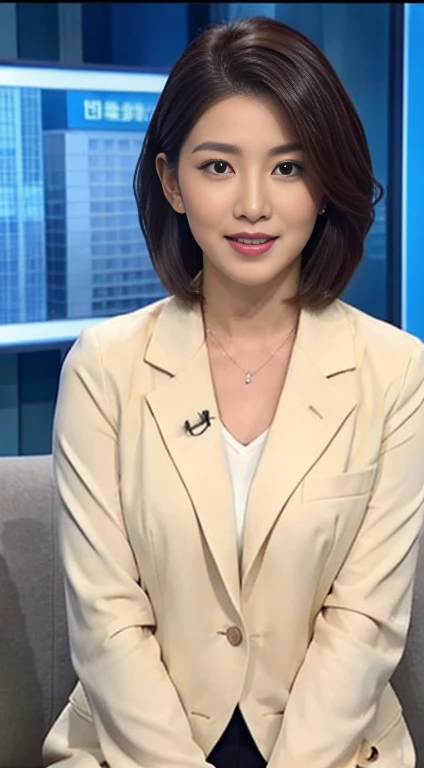 best image quality、ultra high resolution、1 girl、beautiful face、short hair、Announcer in a tight suit with long sleeves、Sitting in the studio、news caster