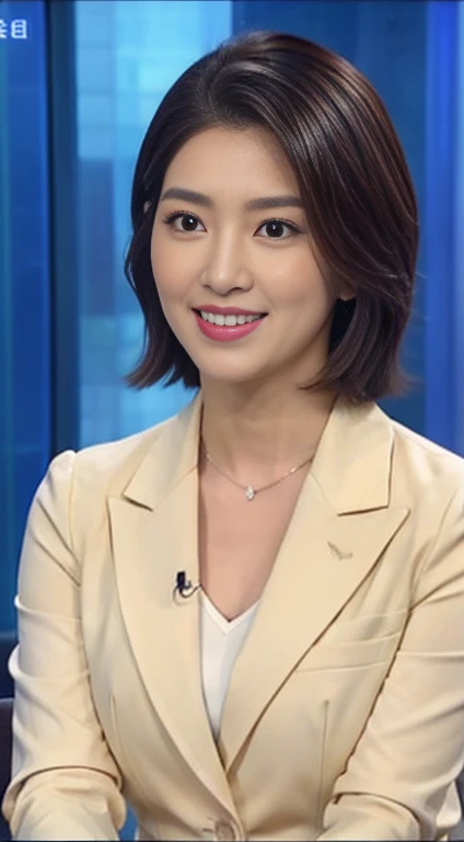 best image quality、ultra high resolution、1 girl、beautiful features、short and fine hair､Announcer wearing a tight long sleeve suit、Sit in the studio,  japanese