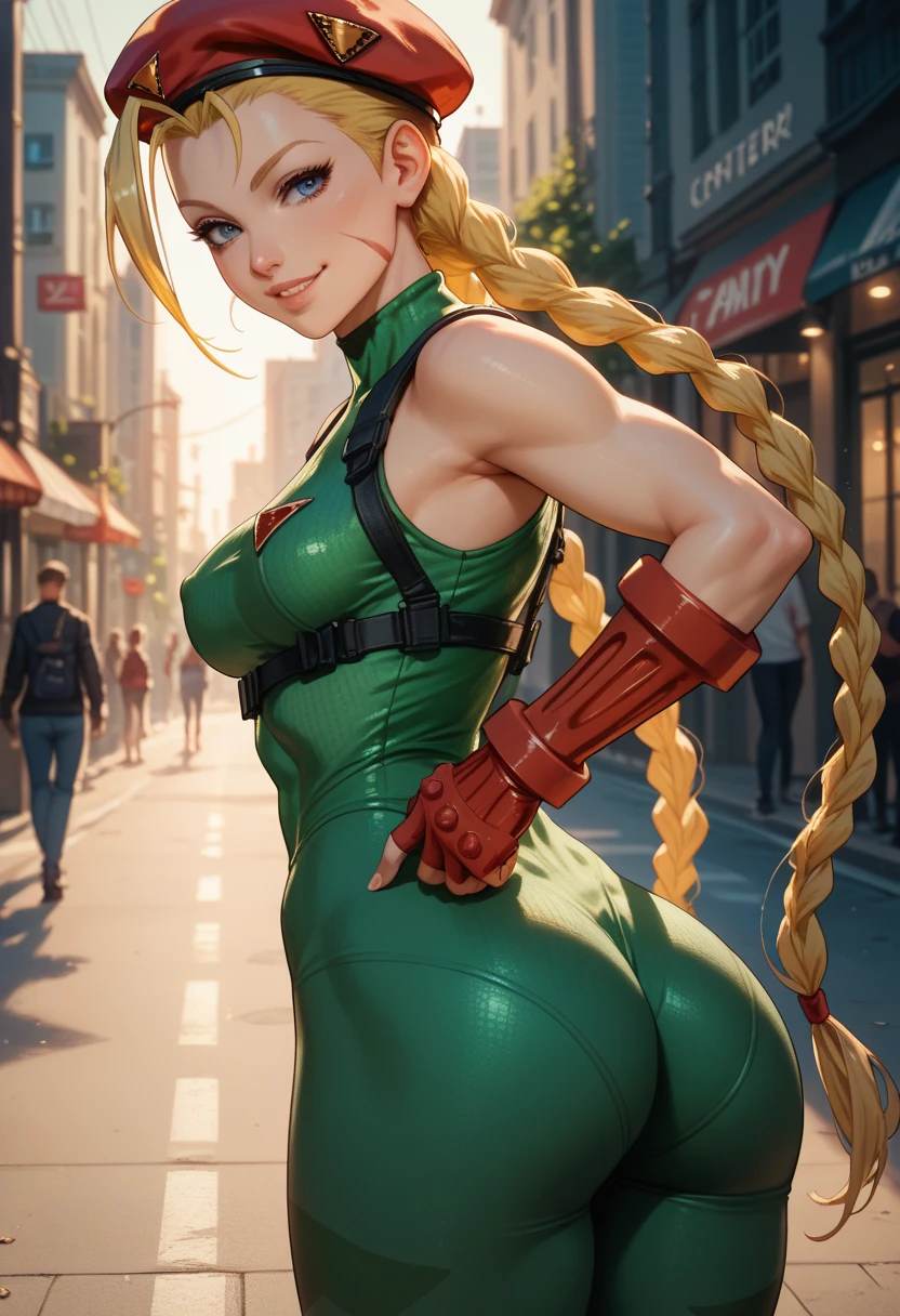 ((best quality)), ((masterpiece)), (detailed), <lora:Cammy:0.7>, 1girl, solo, cowboy shot, blonde hair, long braids, twin braids, green leotard, red gloves, smile, red hat, looking at viewer, city street, public, modern,