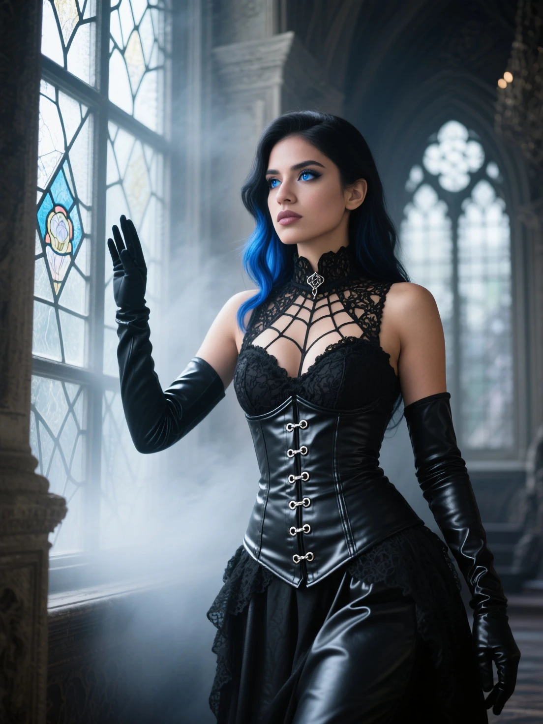 HyperRealistic,Extremely Detailed,8k,High Resolution,Beautiful Vampiress,Detailed,Blue Eyes,Black Dress,Electric Blue Lace(Very Detailed),Elegant,Spiked High Heels,Red ((Glowing)) Dragon On Shoulder, Stained Glass Background,