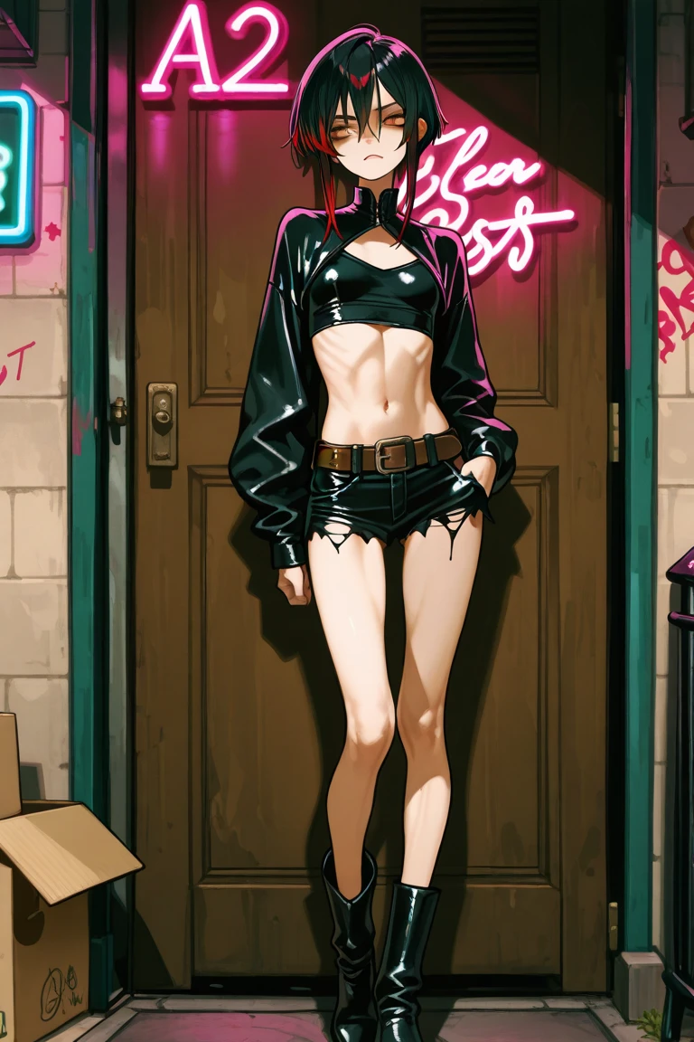 masterpiece, best quality, 8k, artstation, wallpaper, official art, sharp focus, beautiful woman, brown skin, cyan hair, semi-naked sexy woman, perfect face, leather jacket and sunglasses, belly showing, black leg pants, little clothing, short hair, punk hair, shaved sides, mohawk, cyberpunk, (solo), heavy metal singer (smoking cigarette) picking up pants sensually (pov)