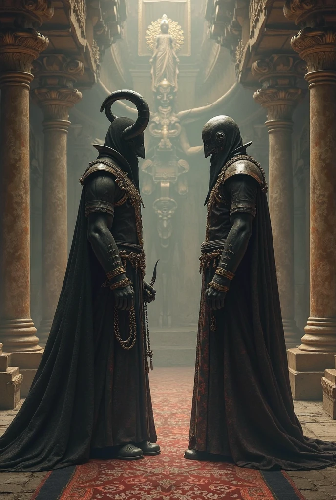 A ancient Demon and A New gen Normal Human Face-off Image. Both a sitting on a Throne side by side. A Golden White Rays focusing on the middle of them. The Demon Wears A Dark Grey Reaper Cloth and the Human Wears Black Suit. Dark Brown Atmosphere. Hyper Realistic Assets, Ultra Realistic Image. Shots on High-end cinematic camera. Personal Ai detailed Touches, Well detailed image.