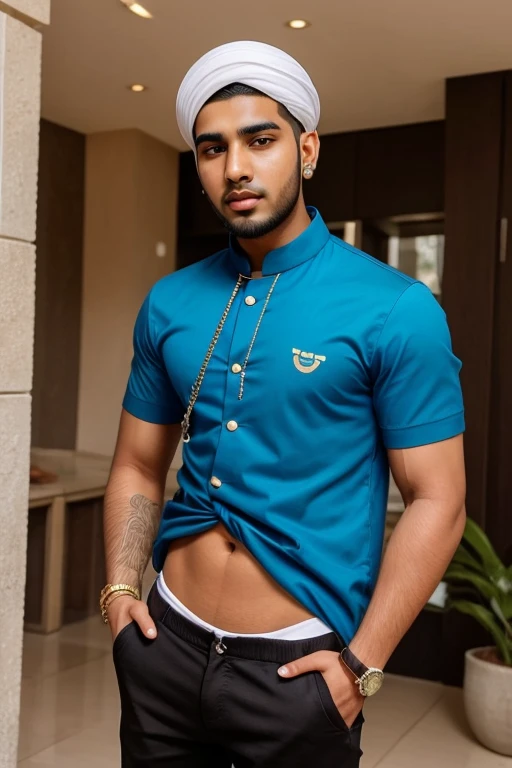 A sexy indian man wearing a tank top and a ultra thin speedo underwear, bulge, homoerotic, messy hair, detailed face and eyes, head to thighs on focus ,on a sofa, handsome face