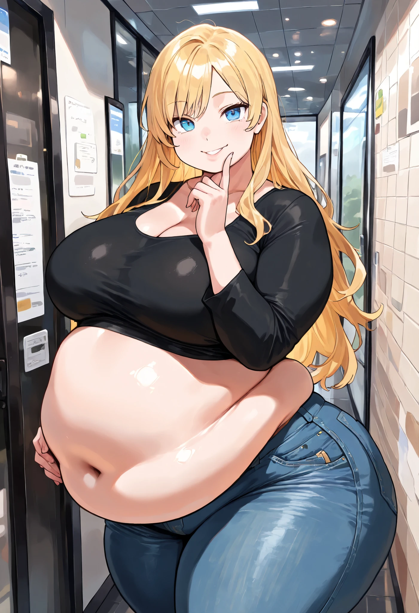 1 girl, blond long hair, in front, staring at me, loving face, dancing, very flat belly, flat body, a sexy light glitter blue top, sexy white glitter skirt, nightclub background