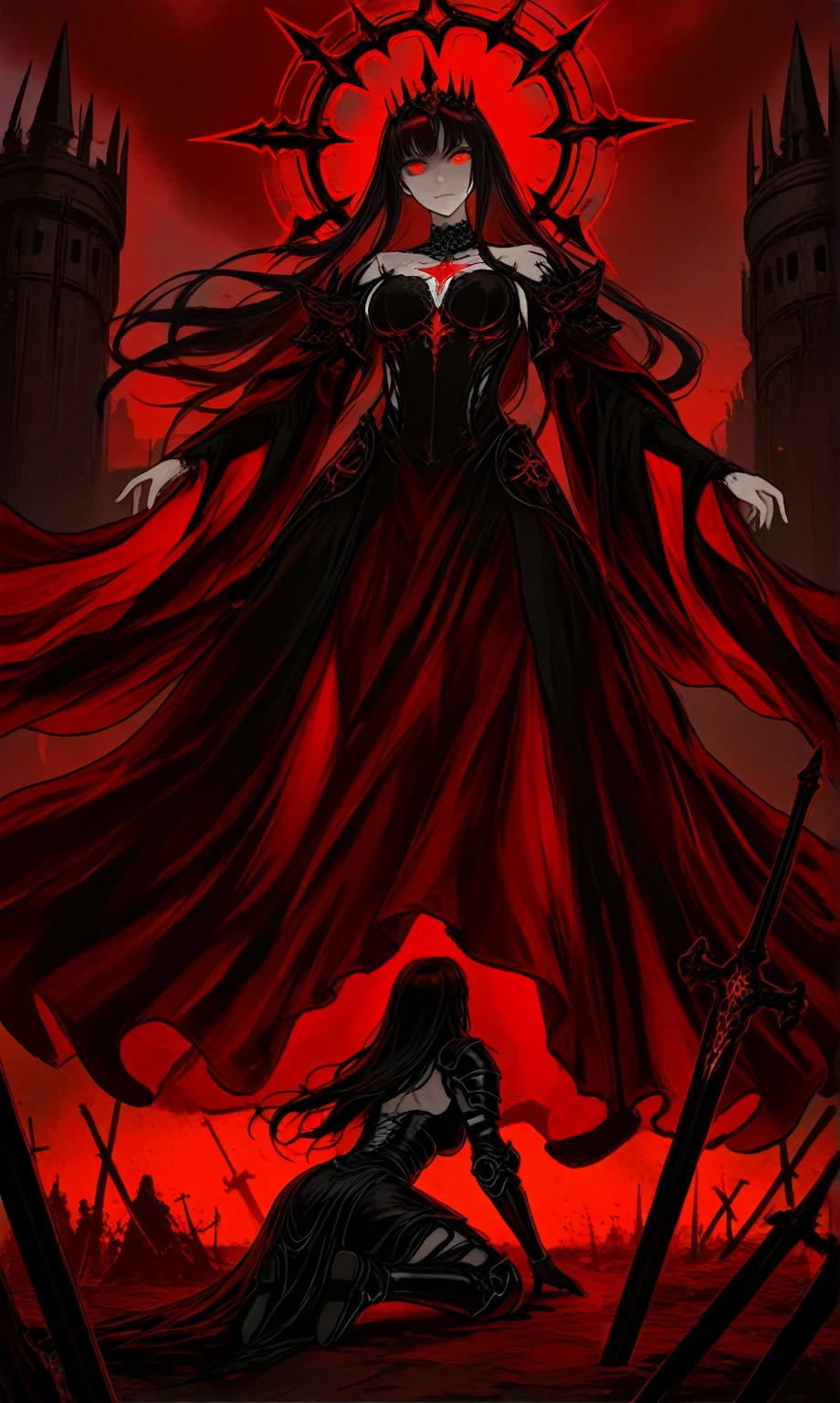 The image depicts an animated character that could be described as a "devil queen." wearing a black dress with white accents. The character has black hair, red horns, and is holding a flame in her hand, which adds to her devilish appearance. The background appears to be a grand, elaborately decorated room, fitting for a queen.