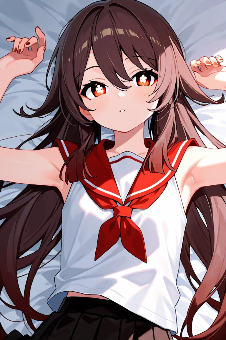 Anju from zombie 100 anime, she has long brown hair with a red ribbon hairband, white buttoned shirt wjth short sleeves, overall shorts, short white socks, and white dress shoes, she has a slender body with a flat chest and a medium bubble butt.