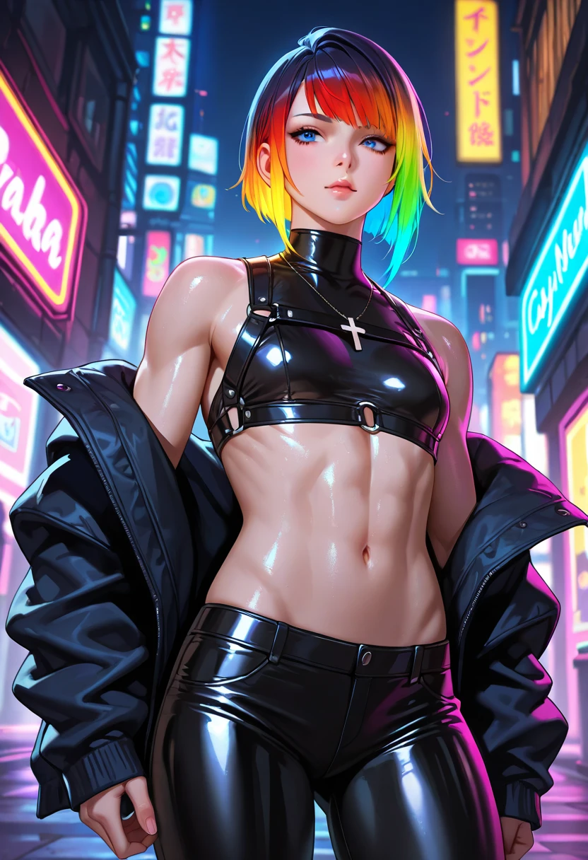 highres, (masterpiece:1.2), (best quality, highest quality), cyberpunk femboy,small tits, black and hair, red eyes, femboy Gothic skinlines cyberpunk slut, wearing cyberpunk attire, cyberpunk, , skinlines, opening sexy lips, moaning, Beautiful big thighs showing oiled long legs, beautiful body, Beautiful Nose, Beautiful character design, skinlines, cyberpunk ,perfect face, wallpaper,perfect lighting, Colorful,ultra highres, 8K, HDR, standing up, cameltoe, cock wet, wet panties, double colors hair, standing up, hard bulge in pants, men with cock in pants, fully clothes, digital appearance, glowing tattoos, neon lights,