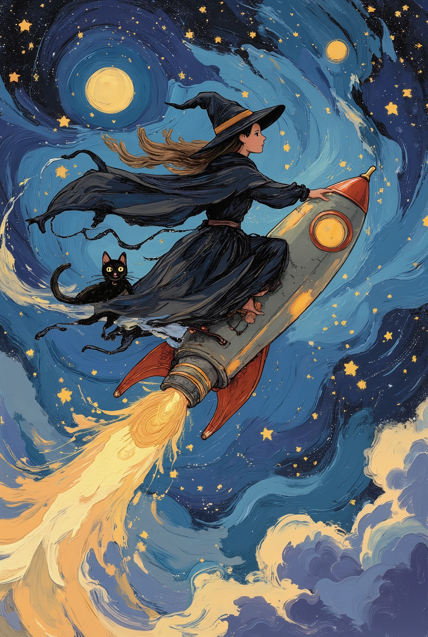 the witch rides a rocket and flies through the sky while flying through the stars々shines in the surroundings、the wide-angle camera smoothly chases from behind、creates a fantastic night atmosphere in digital art style。